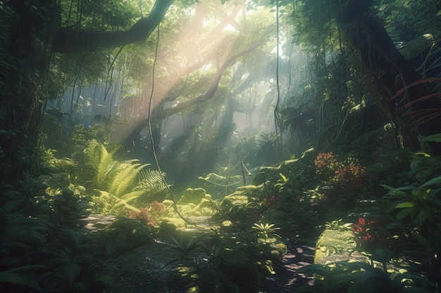 Hintergrund mit Pflanzen und Blättern Berglandschaft offener Wald verschwommen grüne Pflanzen Hintergrund mit Raum Generative KI