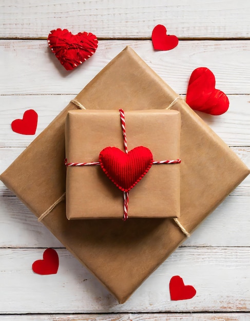 Hintergrund mit roten Herzen und handwerklicher Geschenkkiste auf weißem Holztisch Valentinstagskonzept