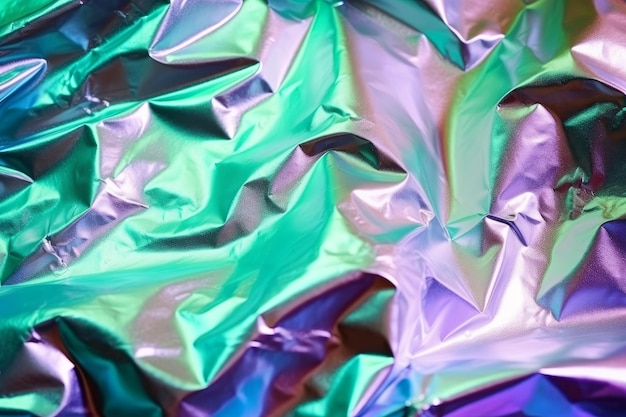 Hintergrund mit schillernder holografischer Farbeffekt-Faltenfolie, generative KI