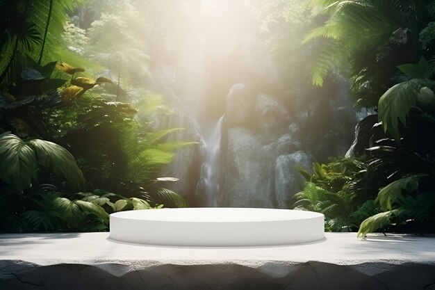 Foto hintergrund mit weißer, leerer marmor-tischplatte, podiumsständer-attrappe für produktplatzierungspräsentation vor grünem tropenwald im freien, kopierraum, minimaler szenenkreis