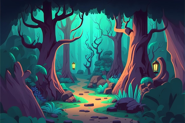 Hintergrund mystische Waldillustration, Landschaft im Cartoon-Stil, endloser Naturhintergrund