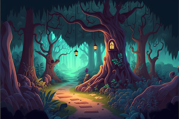 Hintergrund mystische Waldillustration, Landschaft im Cartoon-Stil, endloser Naturhintergrund