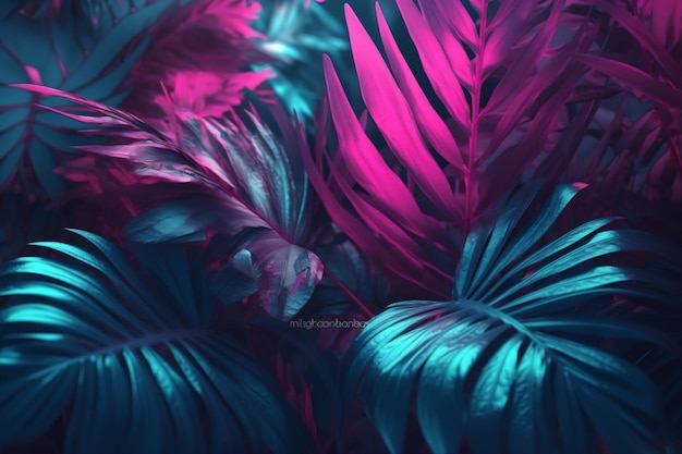 Hintergrund Nacht tropischer Dschungel Naturkunst neonviolette Pflanze exotisches Blatt Generative KI