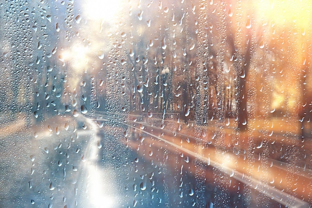 Hintergrund nasses Glas fällt Herbst im Park / Blick auf die Landschaft im Herbstpark aus einem nassen Fenster, das Konzept des Regenwetters an einem Herbsttag