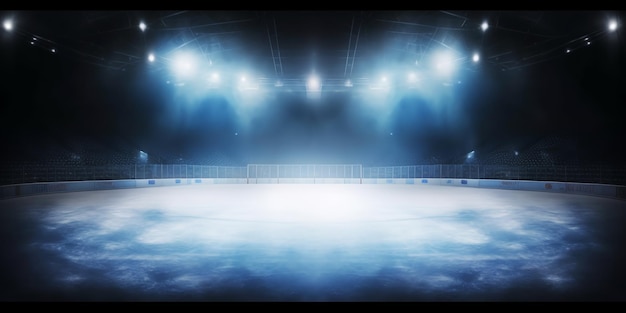 Hintergrund Schöner leerer Winterhintergrund und leere Eisbahn mit Lichtern. Der Scheinwerfer scheint auf die Eisbahn. Helle Beleuchtung mit Scheinwerfern. Generative KI