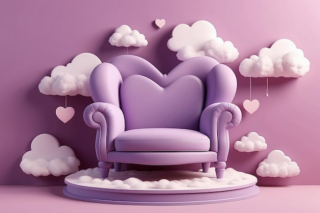 Hintergrund Valentinstag 3D lila Darstellung mit Herz Stuhl und Wolken Sceneminimal Hintergrund 3D Darstellung Urlaub Pastell Podium