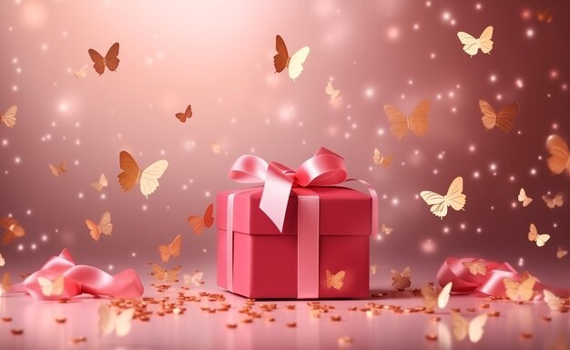 Hintergrund Valentinstag-Muttertag-Geschenkkiste mit goldenem Herz Bokeh und Schmetterling mit s