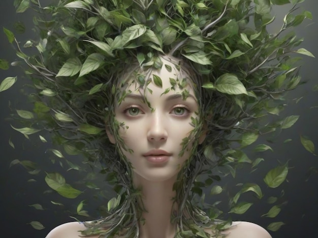 Hintergrund von Mädchen mit grünen Blättern für Haare auf dunkelgrünem Gradientengrund mit Grün