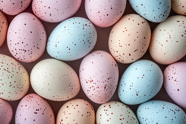 Hintergrund von pastellfarbenen Ostereiern von oben gesehen Die Farben sind weich und gedämpft und es gibt Flecken und Punkte auf den Eiern