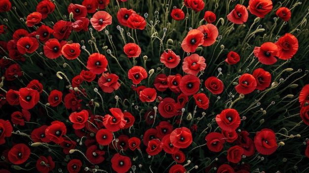 Hintergrund von roten Mohnblumen Ansicht von oben KI-Generativ