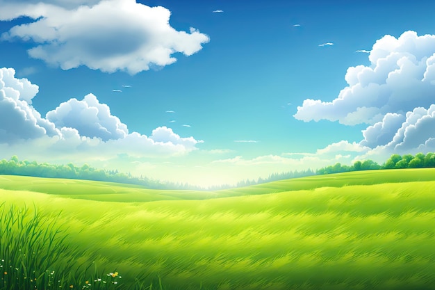 Hintergrund von saftigen Wiesen vor einem bewölkten blauen Himmel
