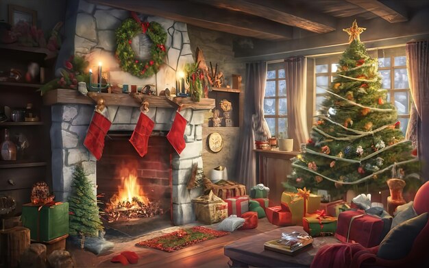 Hintergrund Wohnzimmer für Weihnachten mit einem brüllenden Kamin