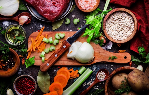 Hintergrund zum Kochen von Lebensmitteln Frische Bio-Gemüsezutaten, Gewürze und Fleisch für den warmen Herbst