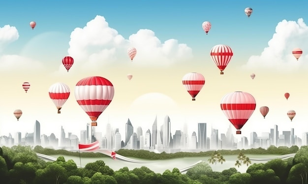 Hintergrund zum Nationalfeiertag von Singapur mit Flagge und Ballon, die in den Himmel Ai Generated fliegen