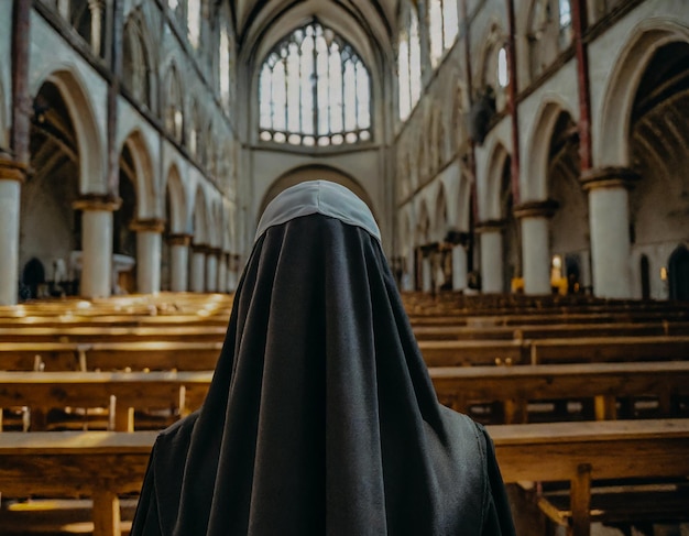 Hintergrundansicht auf den schwarzen Schleier der Nonne, der in der Kirche geschaffen wurde