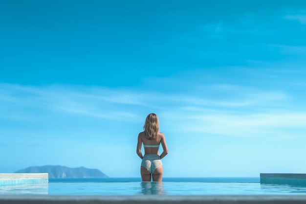 Hintergrundansicht auf eine Frau im Infinity-Schwimmbad