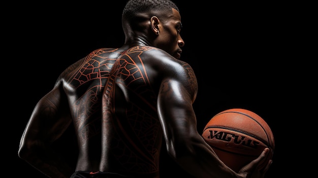 Hintergrundansicht Basketballspieler mit heißem Ball bei schwarzem Naturlicht Generative KI