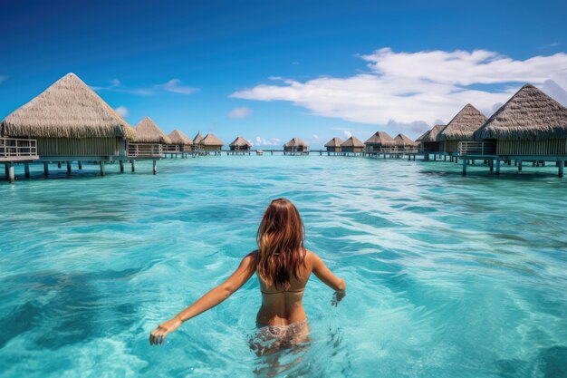 Hintergrundansicht einer Dame, die im Meerwasser schwimmt, KI-generiertes Konzept für einen Sommerurlaub in den Tropen