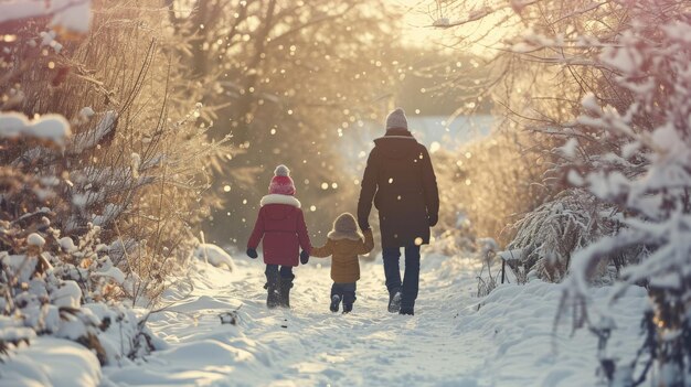 Hintergrundansicht einer Familie mit zwei kleinen Kindern in der Winternatur, die im Schnee spazieren geht