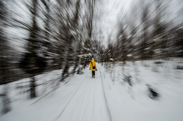 Foto hintergrundansicht einer frau, die auf schneebedecktem land im wald spazieren geht