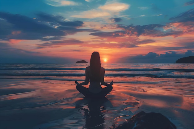 Hintergrundansicht einer Frau, die bei Sonnenuntergang am Strand Yoga macht