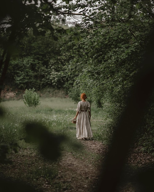 Hintergrundansicht einer Frau, die im Wald spazieren geht