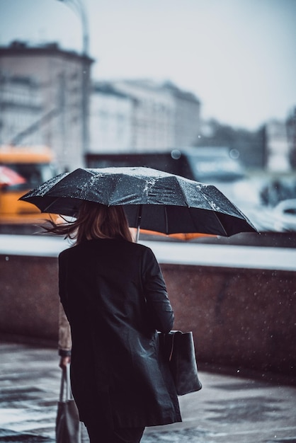 Hintergrundansicht einer Frau, die im Winter einen Regenschirm hält