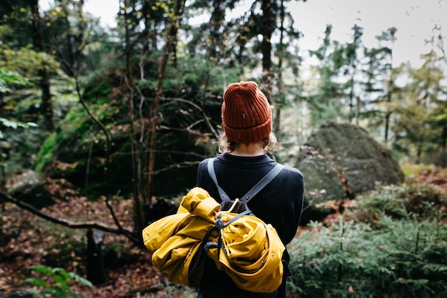 Hintergrundansicht einer Frau im Wald