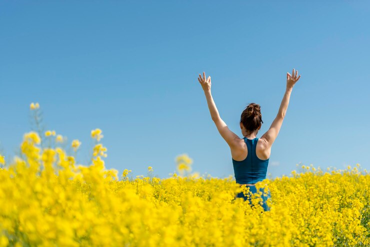 Foto hintergrundansicht einer frau mit erhobenen armen, die auf dem feld gegen einen klaren himmel steht
