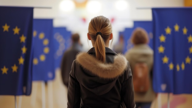 Hintergrundansicht einer Frau mit Pferdeschwanz, die in einem Wahllokal mit EU-Fahnen, die die Demokratie darstellen, steht