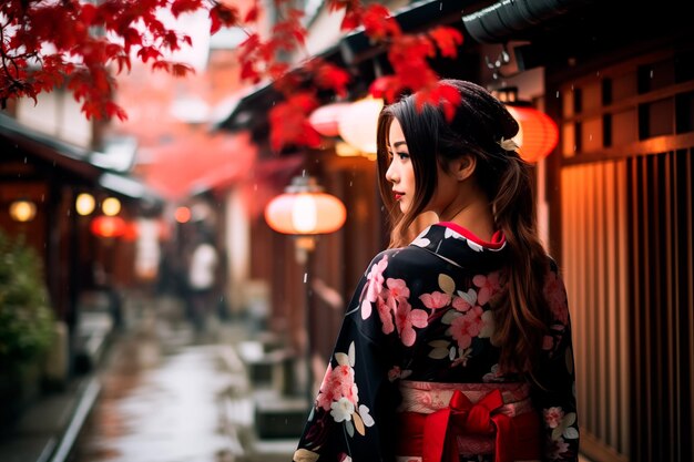 Foto hintergrundansicht einer geisha, die im freien spazieren geht