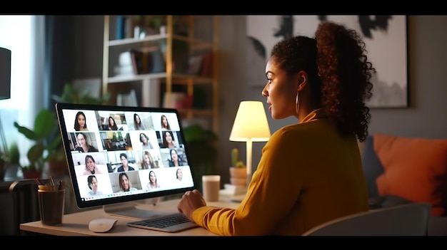 Foto hintergrundansicht einer geschäftsfrau, die mit ihren kollegen über einen plan in einer videokonferenz spricht