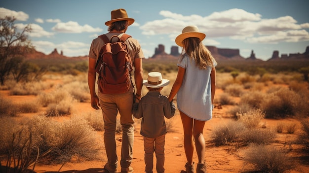 Hintergrundansicht einer glücklichen Familienwanderung im Monument Valley an einem sonnigen Tag Utah USA