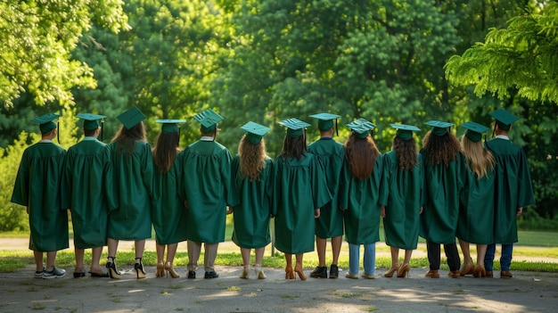 Hintergrundansicht einer Gruppe von Studenten in grünem Abschlusskleid und Mütze, die zusammen auf dem Asphalt stehen und auf einem grünen Rasen mit Bäumen stehen