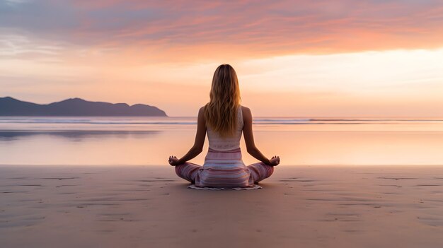 Hintergrundansicht einer jungen Frau, die bei Sonnenuntergang am Strand Yoga macht