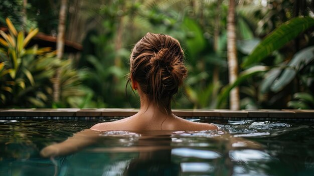 Hintergrundansicht einer jungen Frau, die sich im Schwimmbad eines tropischen Ferienortes entspannt