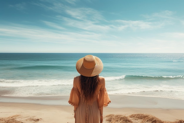 Hintergrundansicht einer jungen Frau in Strohhut, die am Strand steht und auf das Meer schaut Hintergrundanschauung einer Frau, die die Aussicht auf den Strand oder den Ozean genießt