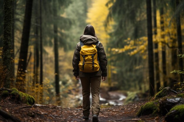 Hintergrundansicht einer Klettererin oder Wandererin mit Rucksack Wanderlager mit Naturhintergrund