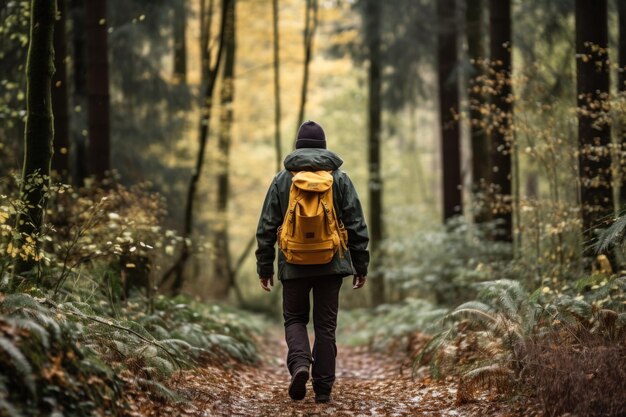 Hintergrundansicht einer Klettererin oder Wandererin mit Rucksack Wanderlager mit Naturhintergrund