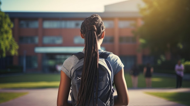 Hintergrundansicht einer weiblichen College-Studentin mit Rucksack, die auf dem Campus steht und wegblickt