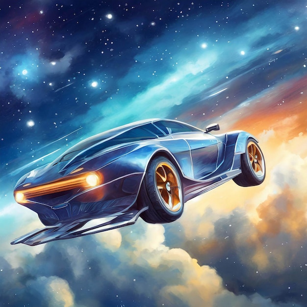 Hintergrundansicht eines Autos, das über dem Himmel fliegt