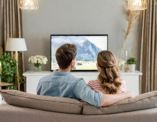 Hintergrundansicht eines erwachsenen Paares, das zu Hause fernsieht, während es auf dem Sofa sitzt