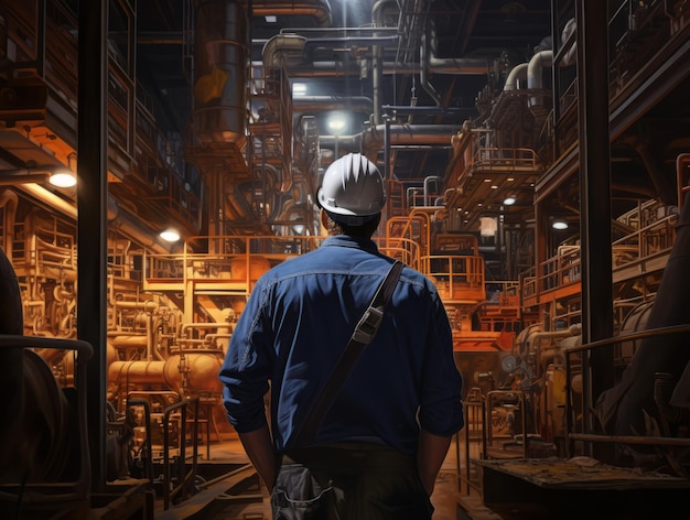 Hintergrundansicht eines Ingenieurs oder Fabrikarbeiter, der nachts vor einer Fabrik steht