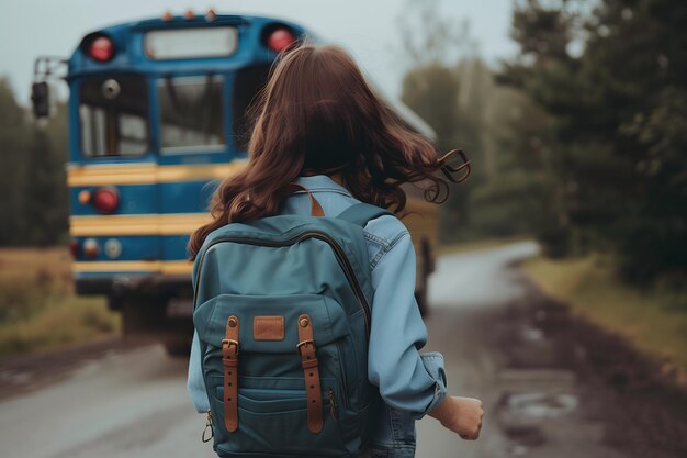 Hintergrundansicht eines jungen Mädchens mit Rucksack, das zum Schulbus fährt