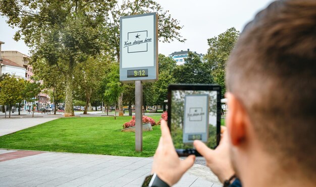 Foto hintergrundansicht eines jungen mannes, der im park mit einem handy ein plakat fotografiert