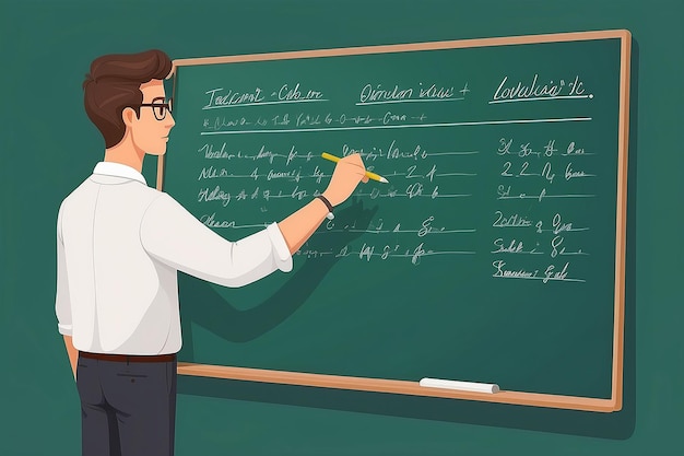 Hintergrundansicht eines Lehrers oder Studenten, der Formeln auf einer grünen Tafel in einem Klassenzimmer schreibt und eine Kreide in der rechten Hand hält