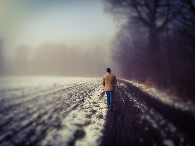 Foto hintergrundansicht eines mannes, der auf einem schneebedeckten baum steht