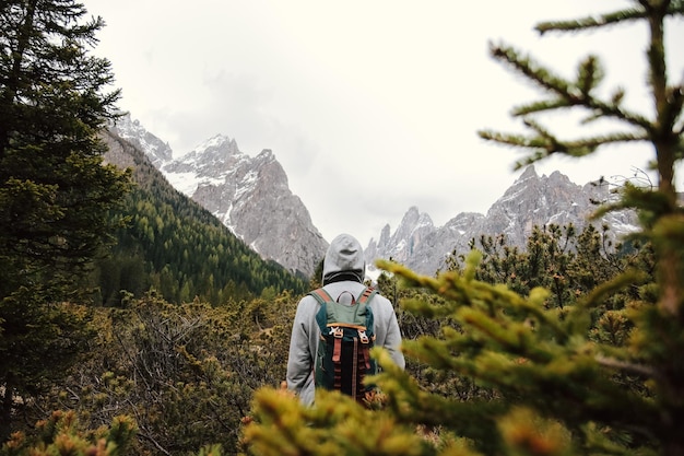 Hintergrundansicht eines Mannes, der im Wald gegen schneebedeckte Berge steht