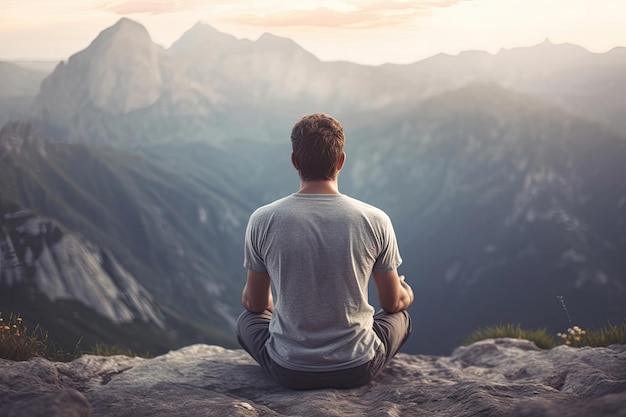 Hintergrundansicht eines Mannes, der in den Bergen Yoga macht Generative KI