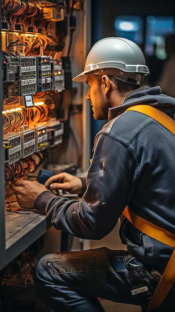 Hintergrundansicht eines Mannes, der in einer renovierten Wohnung an einem elektrischen Schaltbrett arbeitet, während er Arbeitshandschuhe trägt, der von einem Elektriker mit Drähten und Schaltern repariert wird